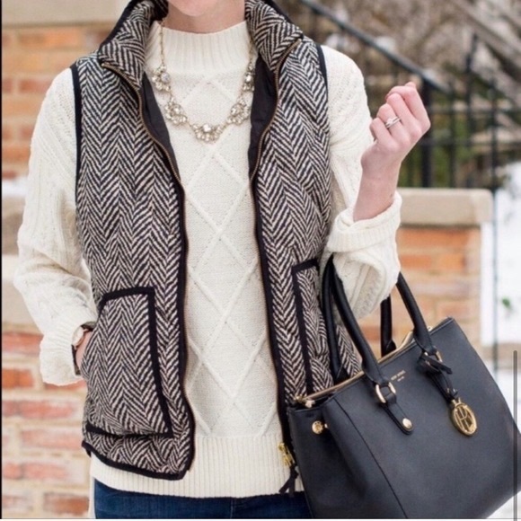 J. Crew Cream Black Herringbone Down Puffy‎ Quilted Vest - Picture 2 of 10